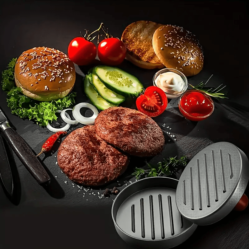 1 nerūdijančio plieno mėsainių ir mėsos patiekalų formų rinkinys su medine rankena