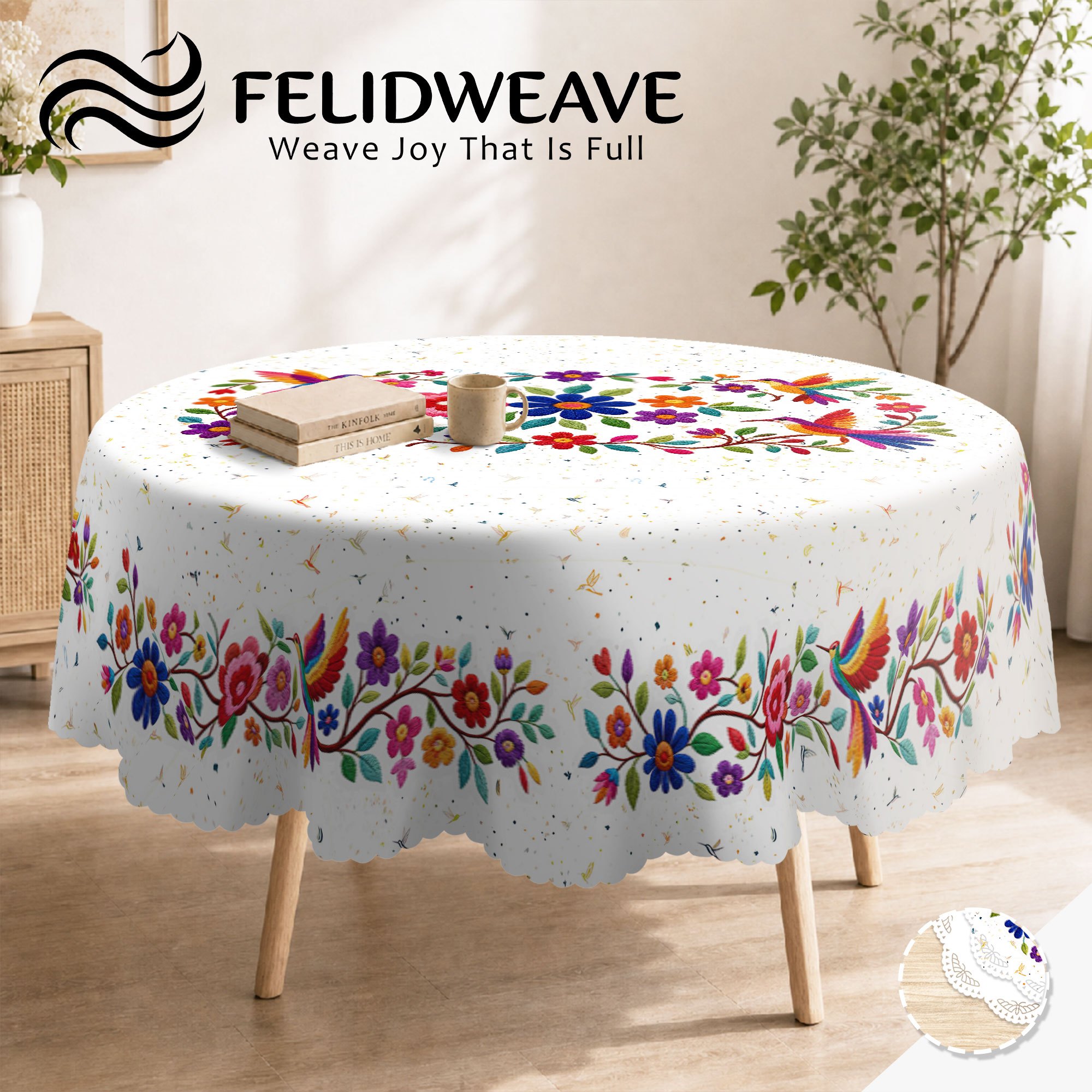 TEMU Nappe FELIDWEAVE Art Mexicain pour Fêtes, Nappe Multicolore Ronde/Rectangulaire avec Imprimé Floral , Nappe en Polyester à pour Table à Manger,