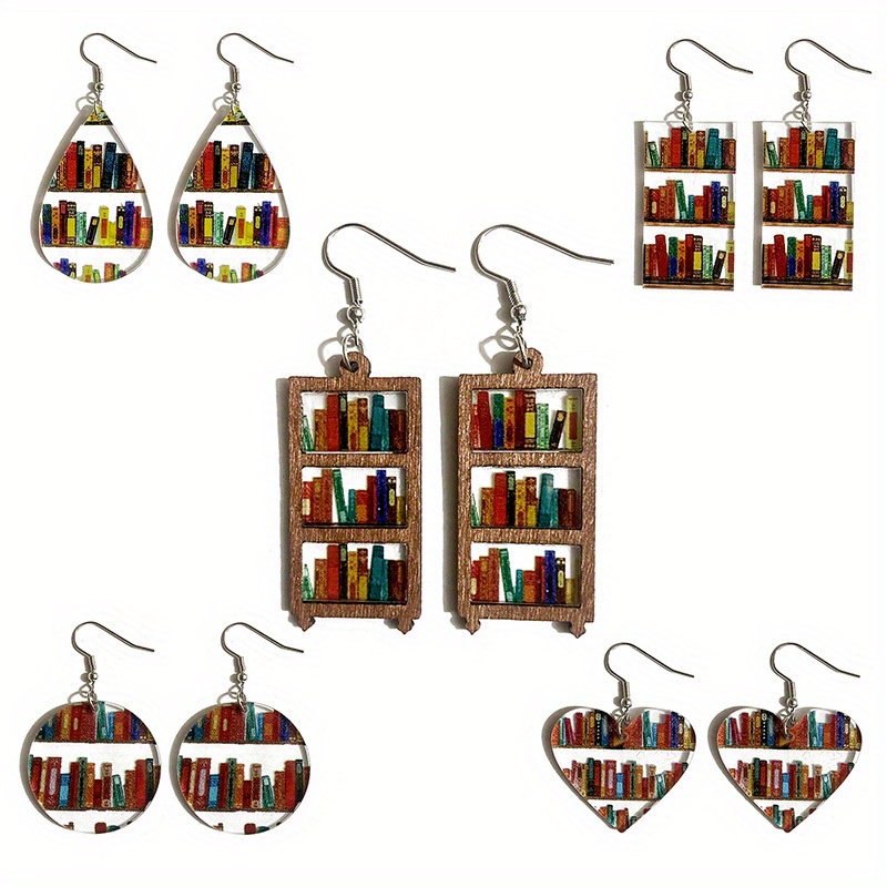 TEMU Pair Of 5 Acrylic Bookshelf Earrings, Unique And Stylish Earrings, Suitable For Book Lovers, Librarians, Teachers, And Students. Lightweight And