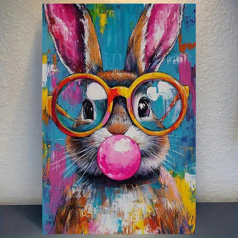 TEMU 2d Flat, 2d Flat, 1pc Of A Colorful Rabbit With Gum And Oversized Glasses Canvas - 12x18 Inches Unframed Art Suitable For Home And Office