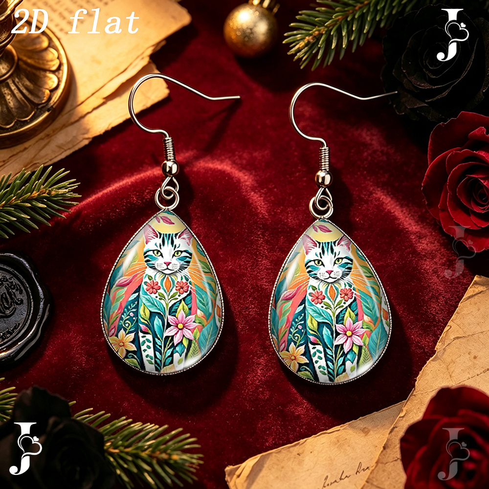 Teardrop Dangle Earrings with Folk Art Cat Floral Pattern