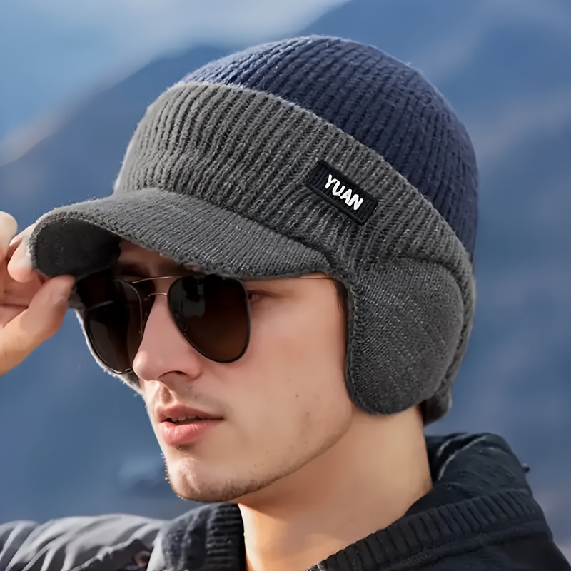 item picture Men'S Fleece-Lined Knit Winter Hat with Ear Protection - Adjustable Snapback Closure, Lightweight Warm Beanie for Cycling, Outdoor Sports & Christmas - Soft Stretchable Color Block Design (/) - Youth & Adult Sizes Available