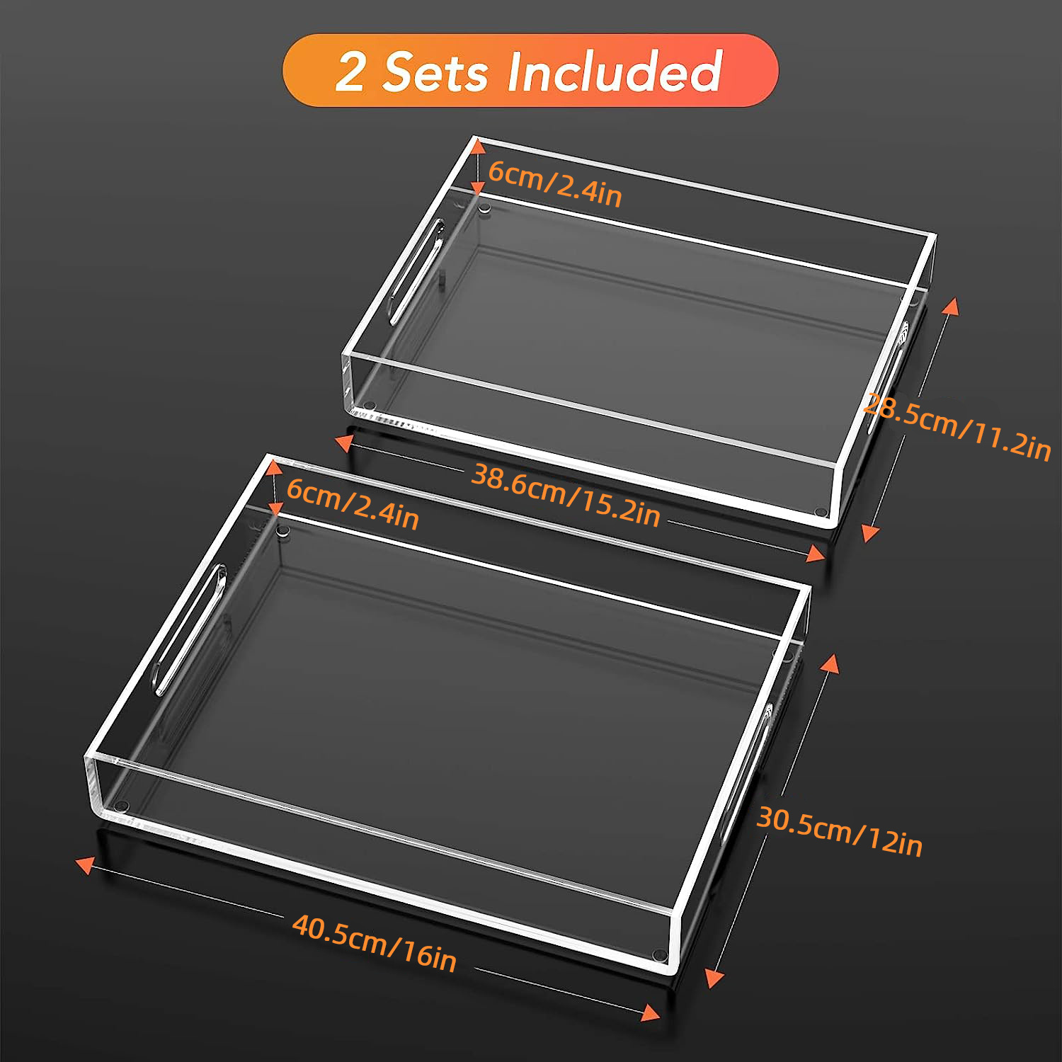 TEMU Clear Acrylic Serving Tray Set Of 2 With Handles, Large Transparent Nesting Lucite Decorative Trays For Coffee Table, Bathroom Vanity, Ottoman,