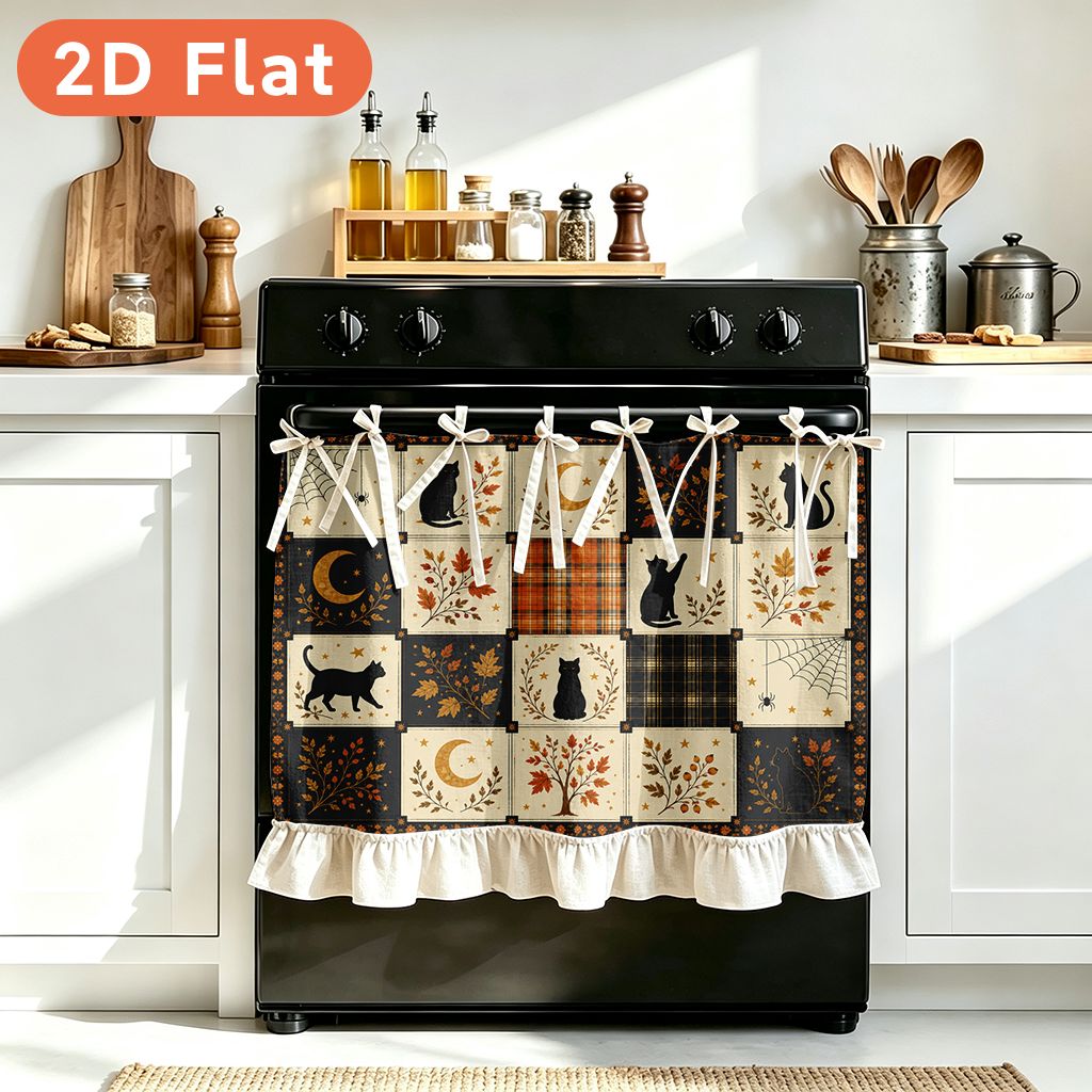 TEMU 1pc Kitchen Multifunctional Oven Curtain Cover, Kitchen Dust Cover, 2d Flat Printed Black Cats Moon Plaid Design Suitable For Stove Dishwasher