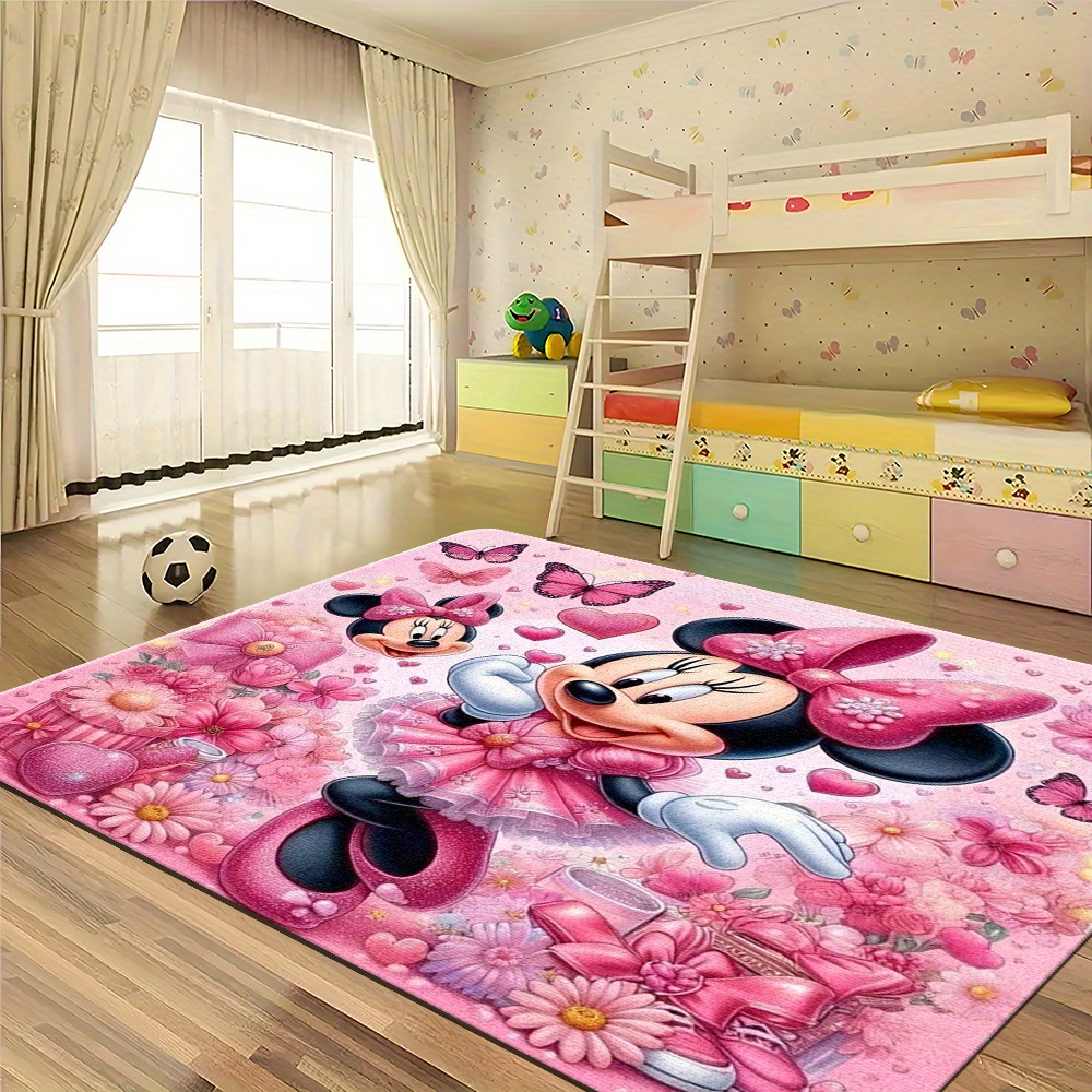1pc Mickey & Minnie Mouse Anime Area Mat - Antislip, Machinewasbaar Polyester Tapijt met Levendige Roze Bloemen Ontwerp, Perfect voor Slaapkamer & Woonkamer Decor, Slaapkamer Decor | Speelse Kamer Decor | Duurzaam Vloerkleed, Mickey Mouse Kamer Decor