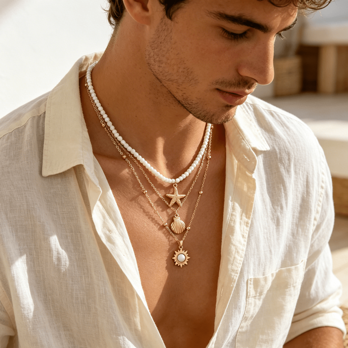 TEMU 1pc Collier de mode pour homme, luxe léger, style vintage, motif escargot et étoile de mer, perle de riz, idéal pour les voyages au bord de, les