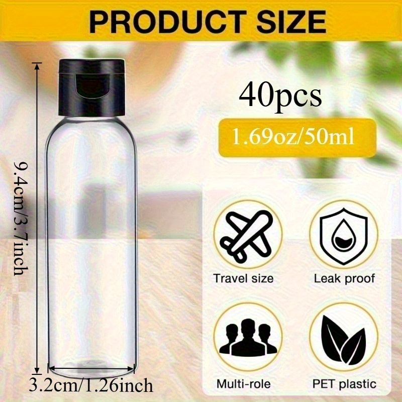 TEMU 40pcs Transparent Empty Bottles With Lids - Travel-sized 50ml/1.69oz Leakproof Containers, Pvc-free Plastic Bottles With Snap Closure For
