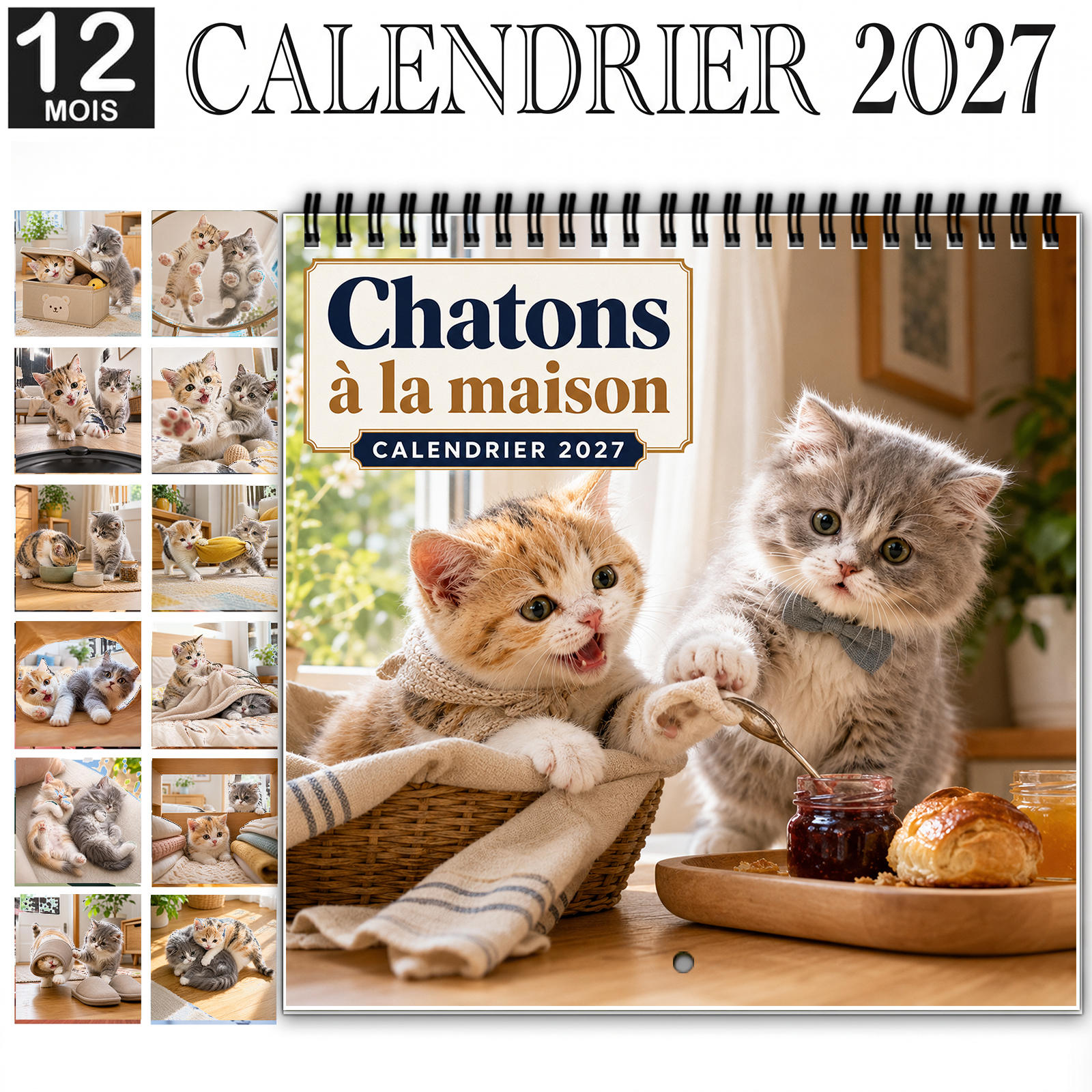 TEMU Calendrier mural de Thanksgiving 2027 en , planificateur mensuel de 12 mois relié avec papier épais et brillant, présente des chatons charmants