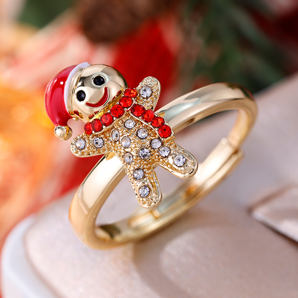 Copper Inlaid Zirconia Gingerbread Man Open Ring, Festive Gift