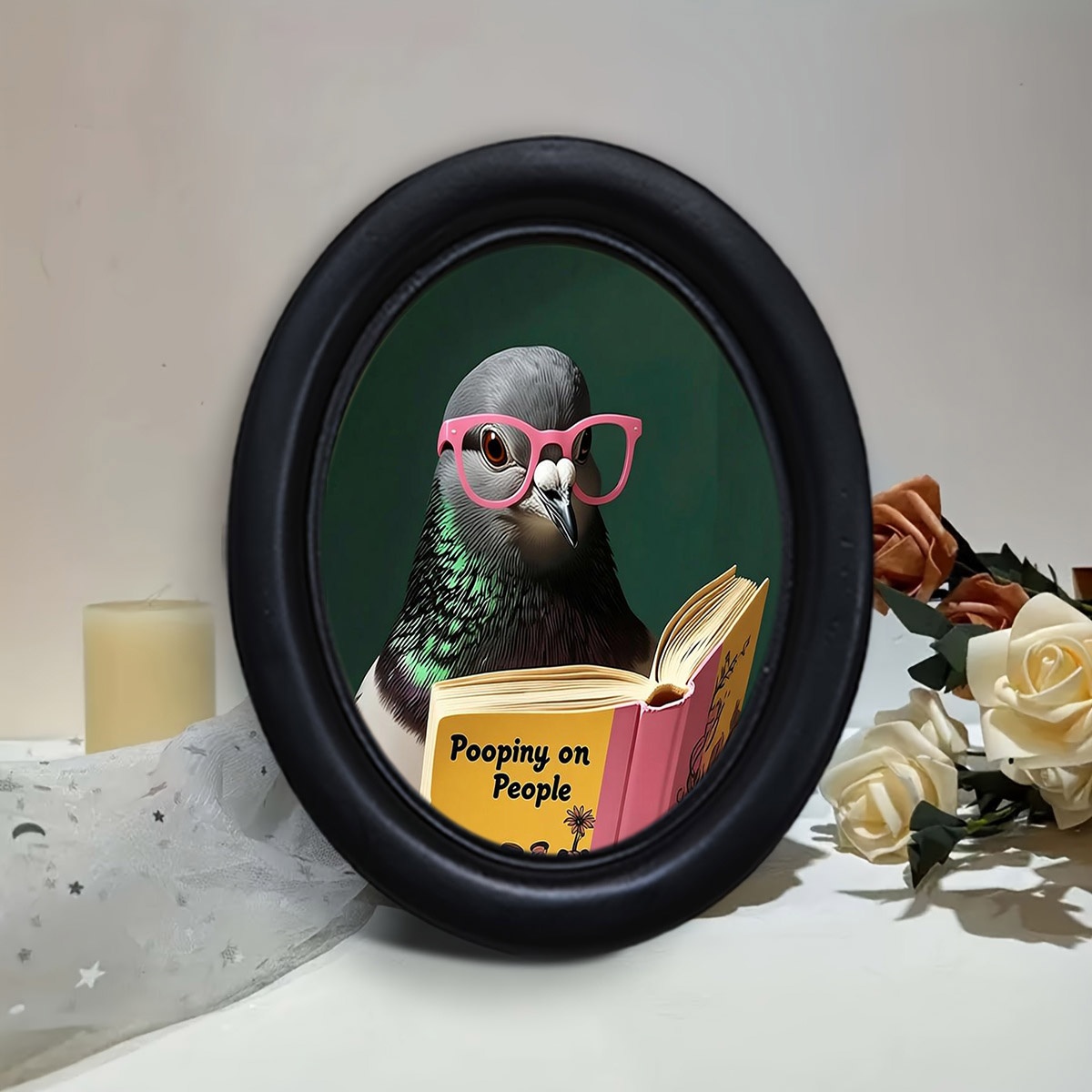 TEMU Single Black Picture Frame With Decorative Print Of A Pigeon Wearing Pink Glasses And Holding A Book, Classic Desktop And Wall Display Decor,