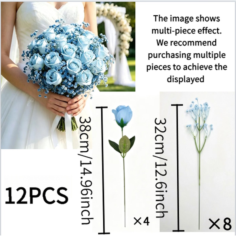 TEMU Bouquet de 12 pièces de roses bleues artificielles et gypsophile - Fleurs en plastique durables, convient pour , la Saint-Valentin, de de