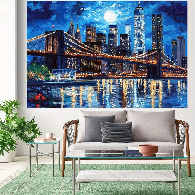 Tapeçaria skyline nova iorque ponte iluminada lua cheia_voghion.com