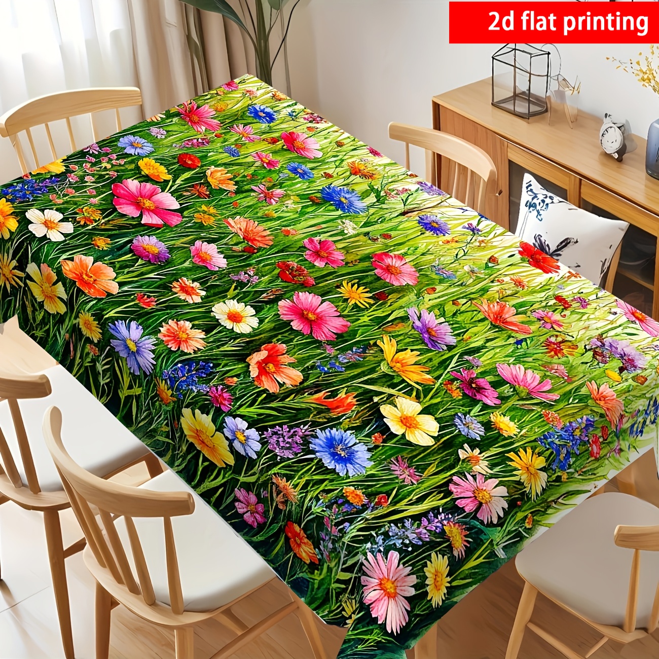 TEMU 2d Flat Printing, 1pc, Floral Country Style Tablecloth, Vibrant And Grass Pattern, Suitable For Restaurants, Tea Tables, Birthday Parties,
