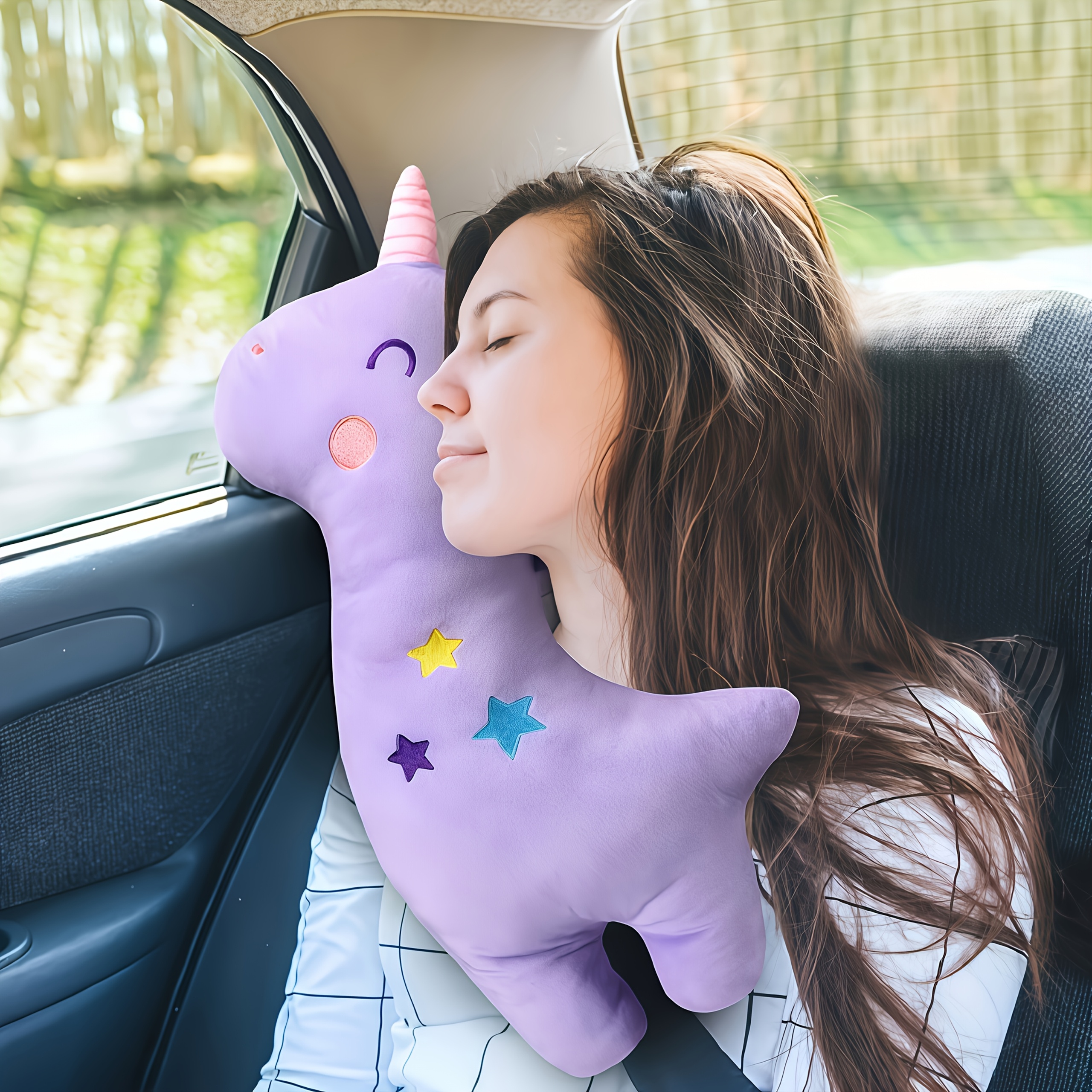 TEMU Portable Travel Pillow Suitable For Airplanes, Cars & Office - Soft Pastel Neck Cushion With Seatbelt Fastening Strap, Compact Pastel Design For