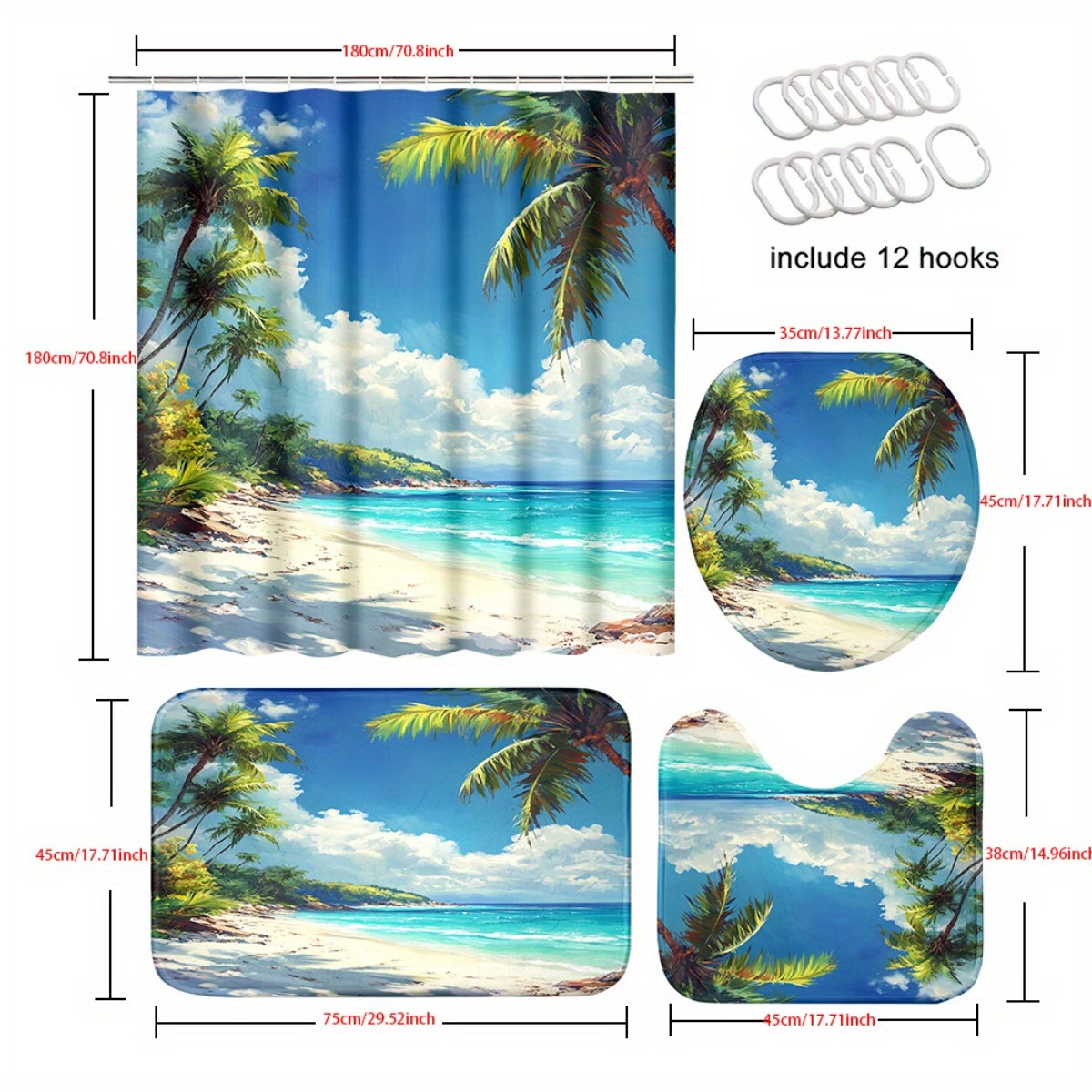4pcs Beach Under the Sunlight Shower Curtain Set with Hooks