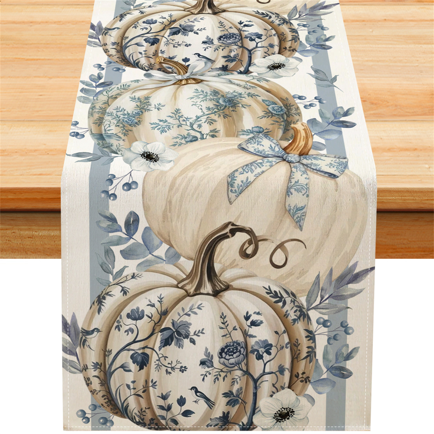 TEMU 1pc Autumn Table Runner With Light Blue Vertical Stripes Blue Floral Pumpkins Bow Blue Berries Birds Leaves Patterns, Ideal For Farmhouse Table,