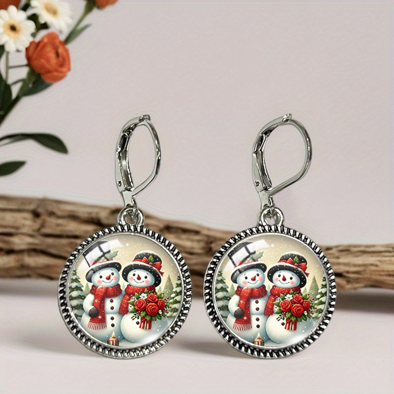 TEMU 1 Pair Romantic Snowman Retro Earring Round Glass Dome Dangle Earrings