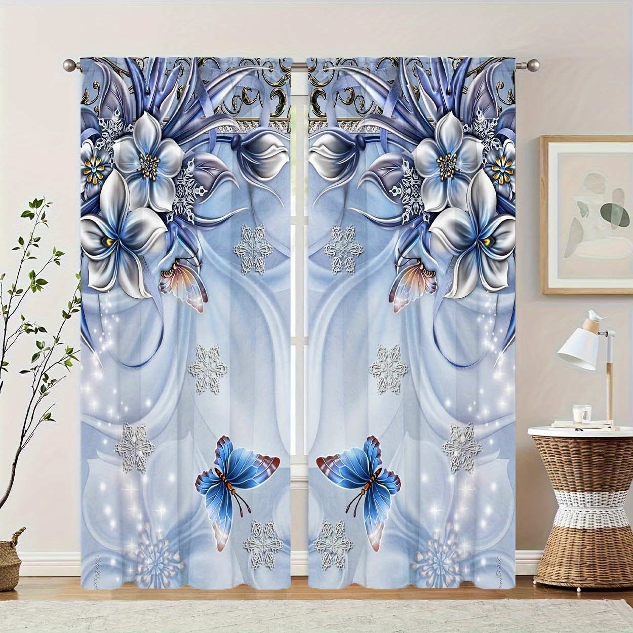 TEMU 2pcs Blue Floral Curtains Suitable For Living Room, Bedroom, Kitchen - Semi-sheer Rod Pocket Drapes With, Filtering Window Panels, Machine