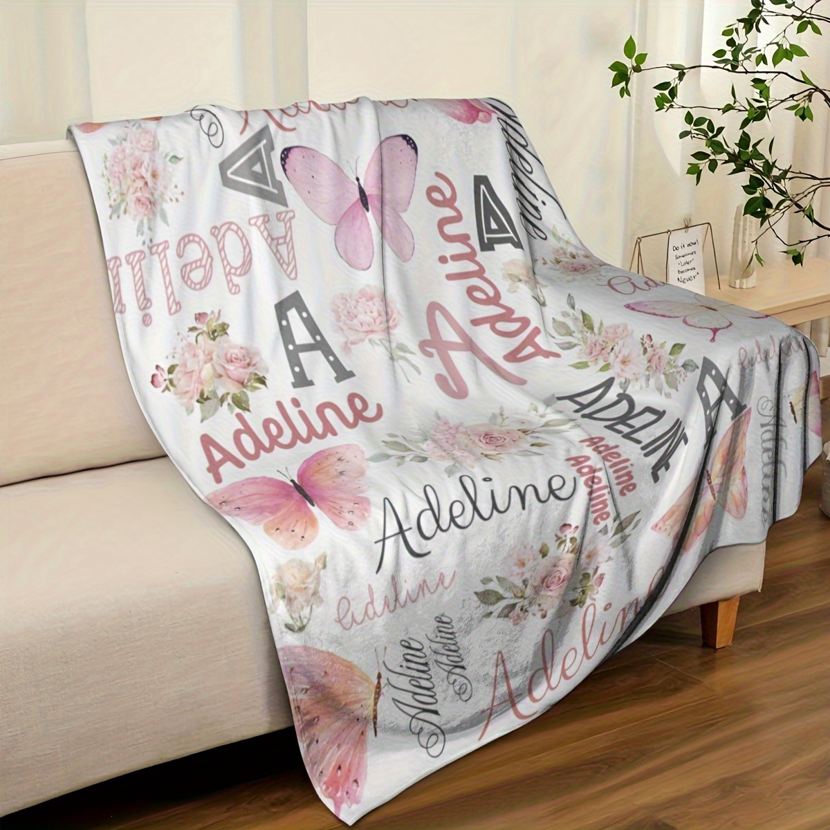Personalized Custom Name Blanket, Pink Butterfly Pattern