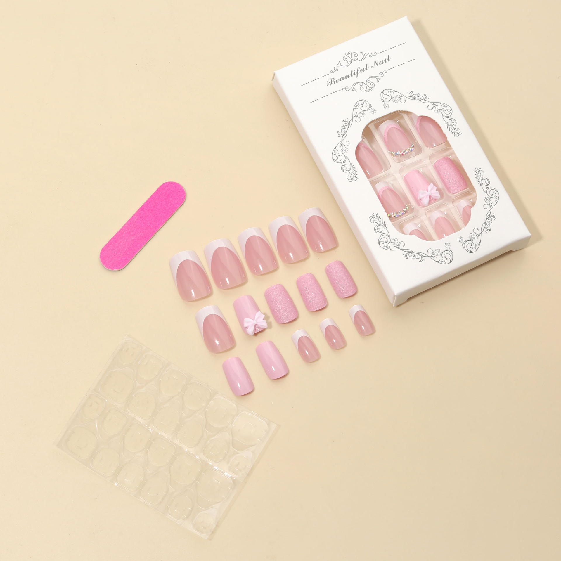 Image of 1 Sets Of 24pcs Medium Long Square Press-on Nails, Dark Princess Full Rhinestones Ring, Love Heart, Black French Tips, Romantic Styles, Fake Nail Kit With 4 Jelly Glue Sheets & 4 Nail Files