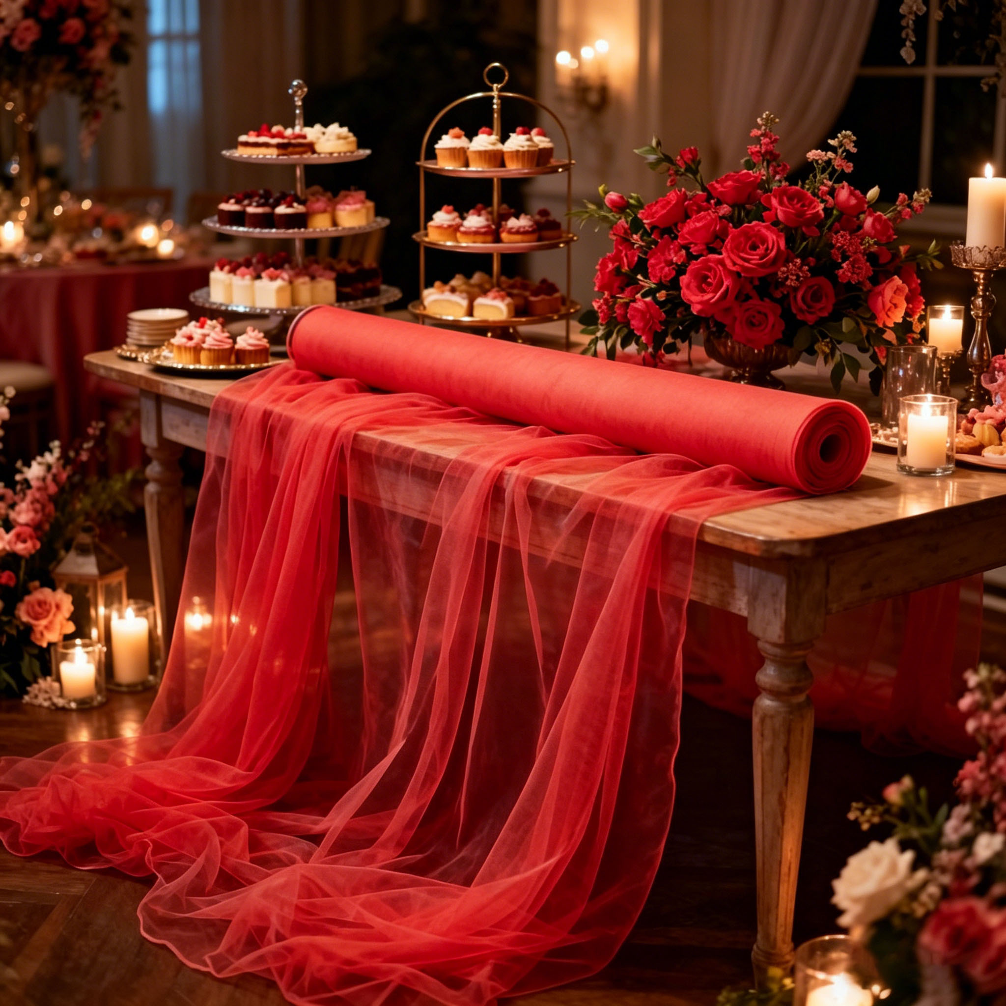 TEMU 1 Roll (50-meter Length) -scale Vibrant Red Tulle Fabric Suitable For Wedding Decorations, Birthday Parties, Christmas & Valentine's - Pre-cut