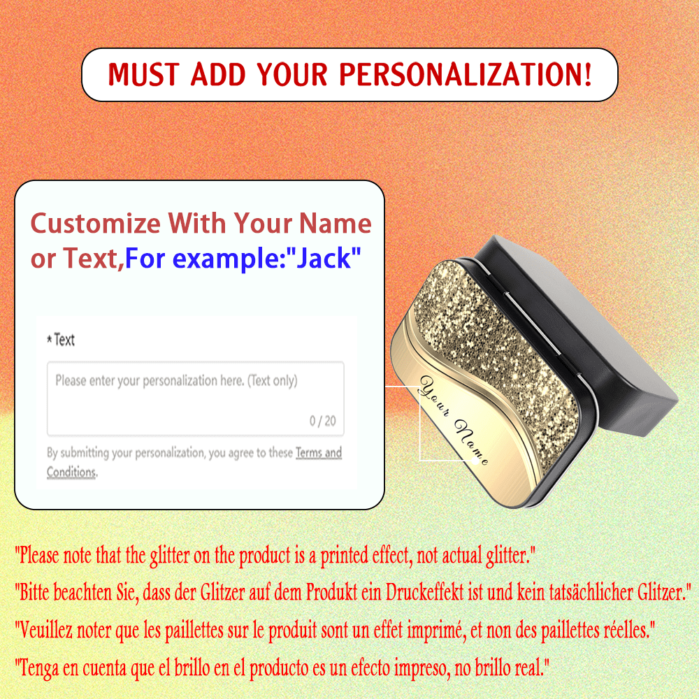 Personalized Glitter Name Text Metal Hinged Tin Box