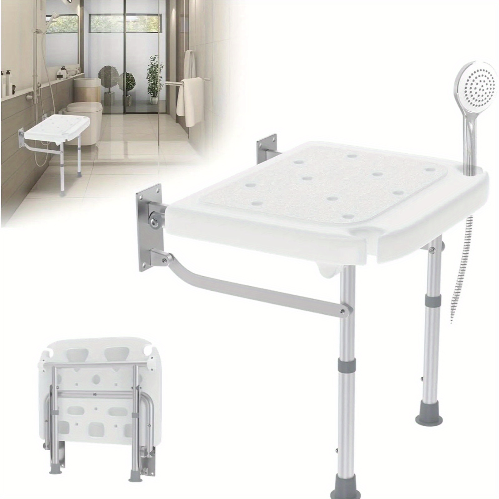 TEMU Siège de douche pliable - Tabouret de douche mural - Chaise de douche à hauteur réglable avec pieds de support - Antidérapant - Convient aux