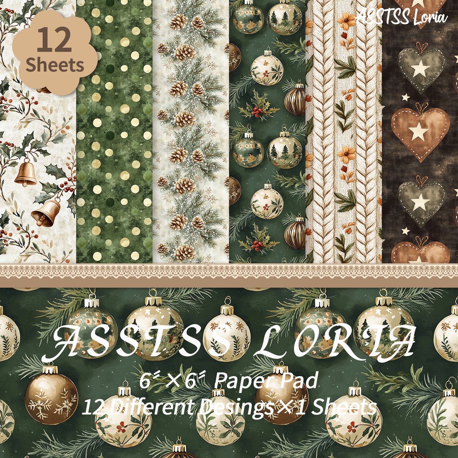 TEMU 12-sheet Asstss Loria 6x6 Inch Scrapbooking Paper Pad, Forest-themed Retro Christmas Backing Paper Supplies, Heavyweight Cardstock For