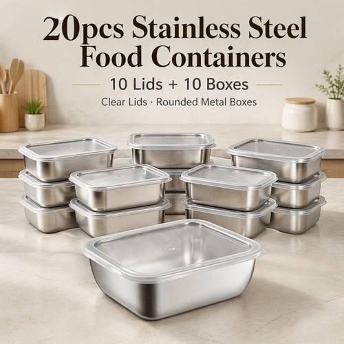 imagen del artículo juego de 20 piezas: 10 s + 10 recipientes, recipientes de acero inoxidable para almacenar alimentos con , fiambreras cuadradas herméticas, para cocina y refrigerador, juego de bento de metal a prueba de fugas, recipientes reutilizables para preparación de comidas y camping al aire