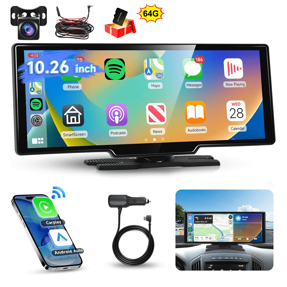 Image of 10.26 Inch Carplay Screen For Car, Portable Auto Car Stereo Hd Ips Touch Screen, Wireless Car Play Screen With Gps Navigation & Voice Control, , Wireless, Fm Transmission, Aux, 64g Card, Back Camera