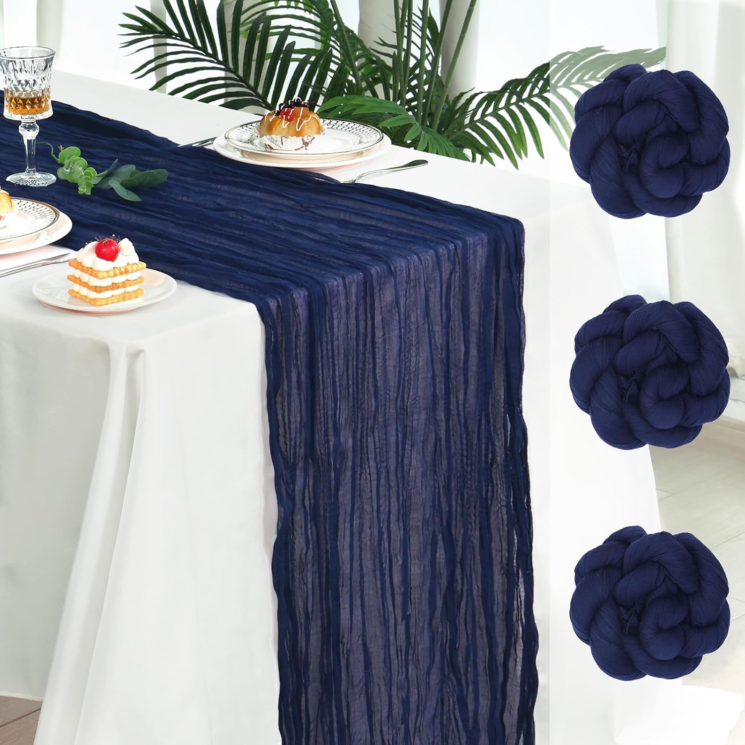 TEMU 3 Pack Navy Blue Cheesecloth Table Runners, Pleated Boho Gauze Table Runner, Long Semi-transparent Table Decorations For Parties, Showers,