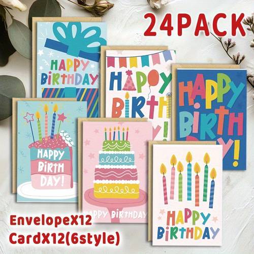 24 funny and cute birthday cards with envelopes 6 styles multi purpose colored cards suitable for thank you holidays condolences and baptisms high quality paper and matching envelopes