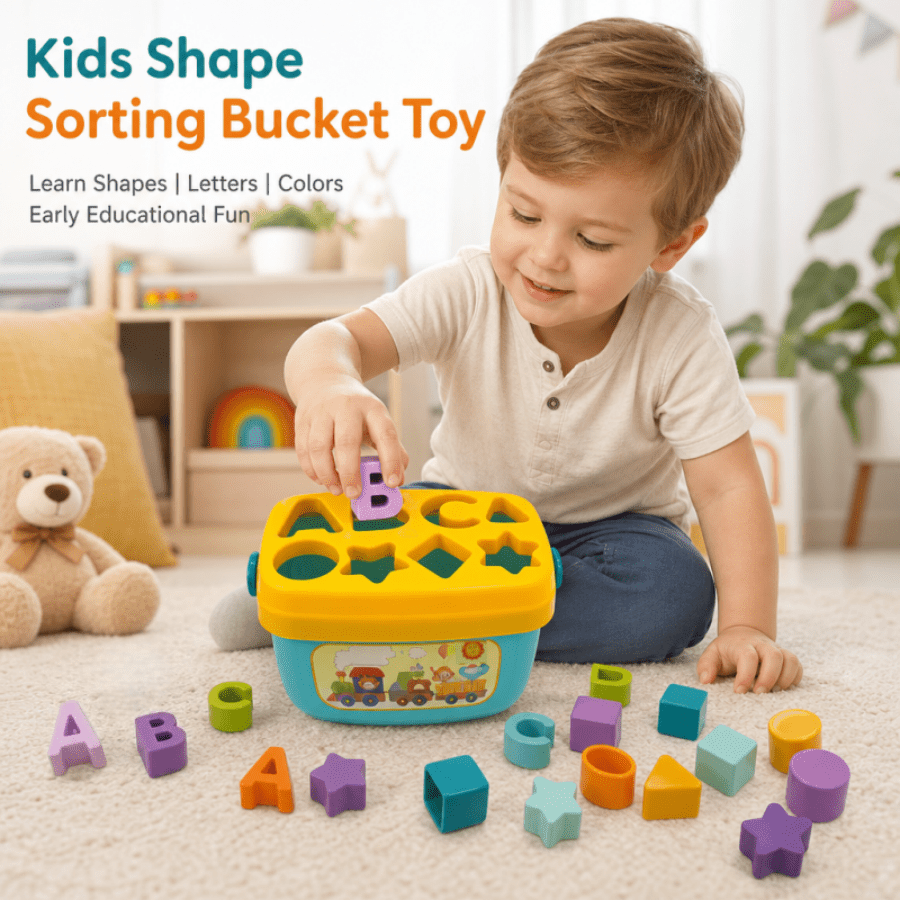 item picture portable shape matching toy with carrying handle featuring a simple and   design   a rounded storage box with cartoon animal prints and multi shaped interlocking holes the matching and nesting activity     fine motor skills