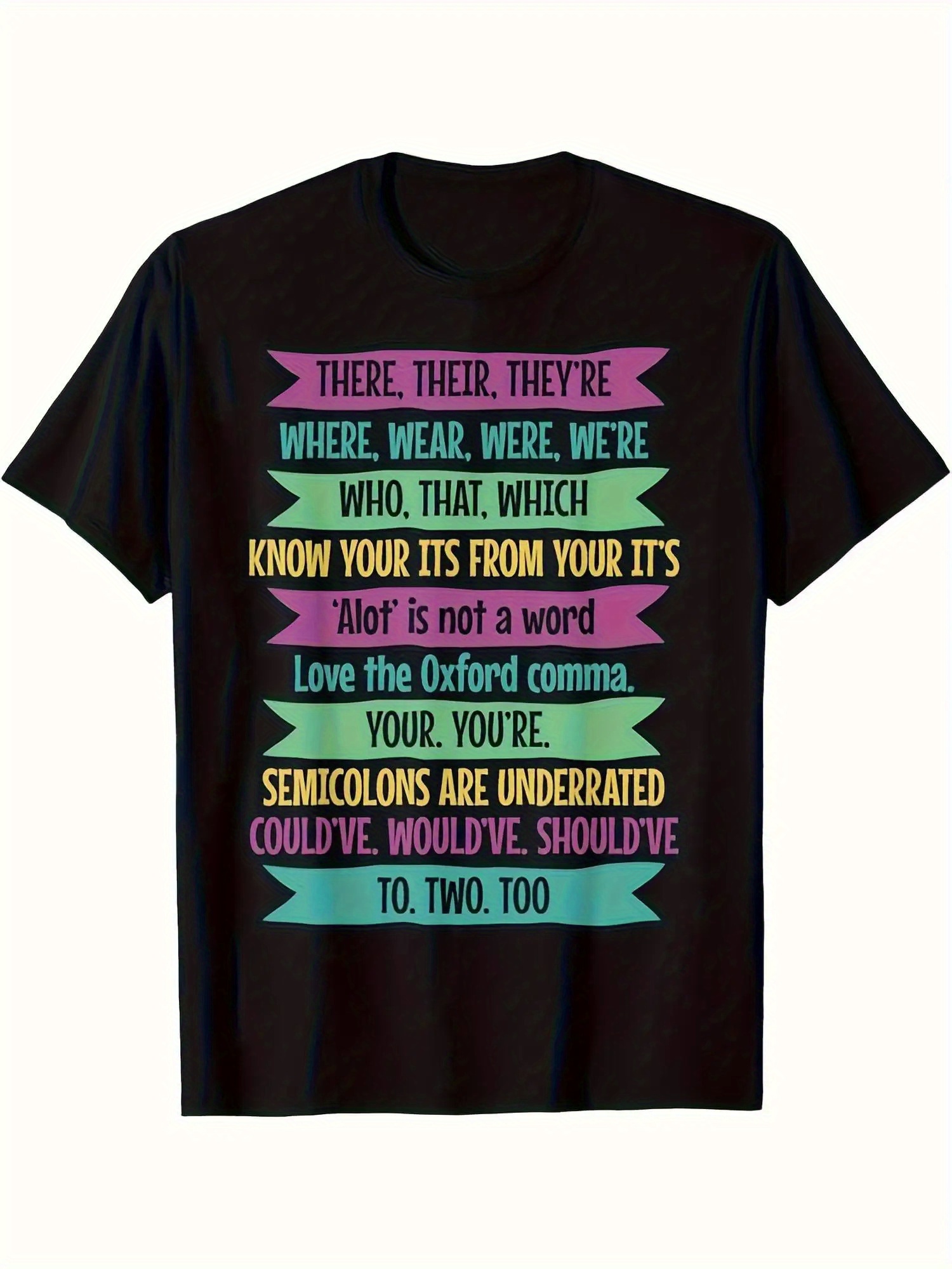 men s funny grammar jokes t-shirt - black relaxed   neck tee with colorful   marks graphic, casual short sleeve top for english teachers, back to school & outdoor activities, humorous gift for language  ,  ,   design,  , durable fabric, school staff 0