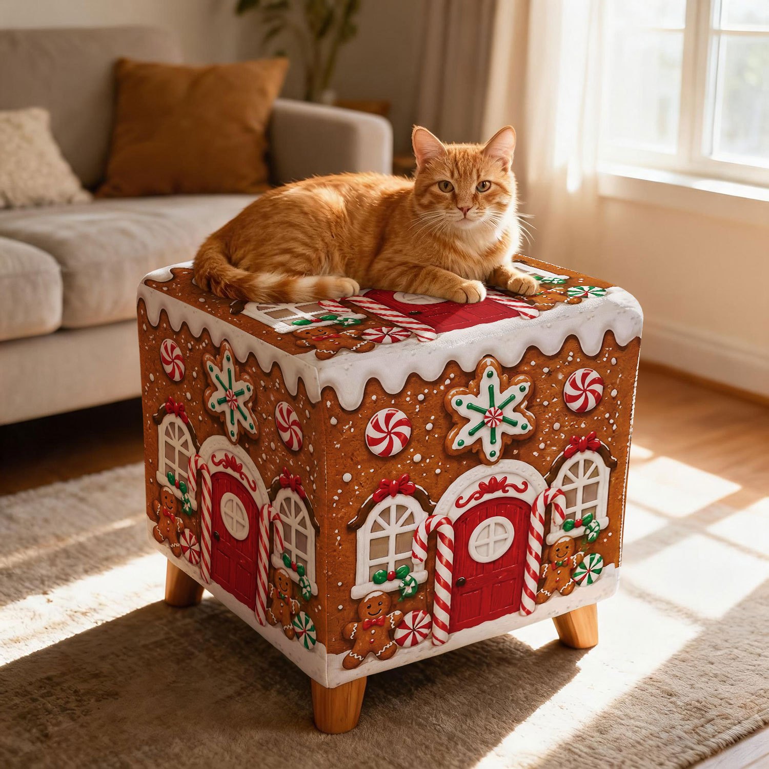 TEMU Housse de pouf carrée extensible à imprimé de Noël avec maison en pain d'épices et d'orge, housse de polyvalente pour meubles, housse de -pieds