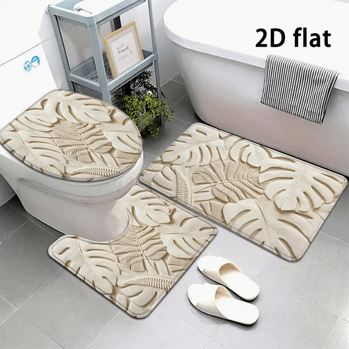 TEMU 2d Flat, 2d Flat Printing 3pcs Beige Palm Leaf Bathroom Mat Set, , Minimalist Style, Includes Toilet Lid Cover And Rug, Bathroom Decor, U-shaped