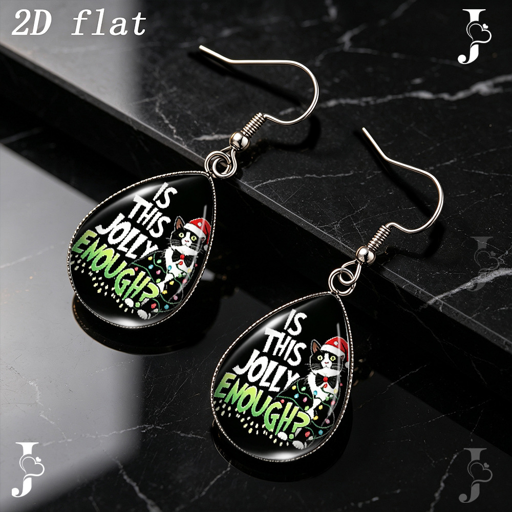 Teardrop-Shaped Glass Dangle Earrings with Christmas Cat Pattern