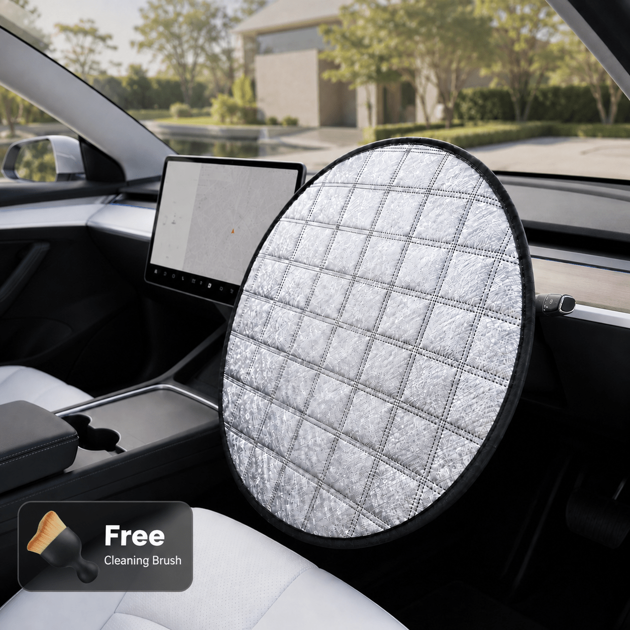 TEMU Juego de 2 piezas: 1 parasol para volante + 1 cepillo de limpieza interior. Parasol portátil para volante de coche, un accesorio protector que