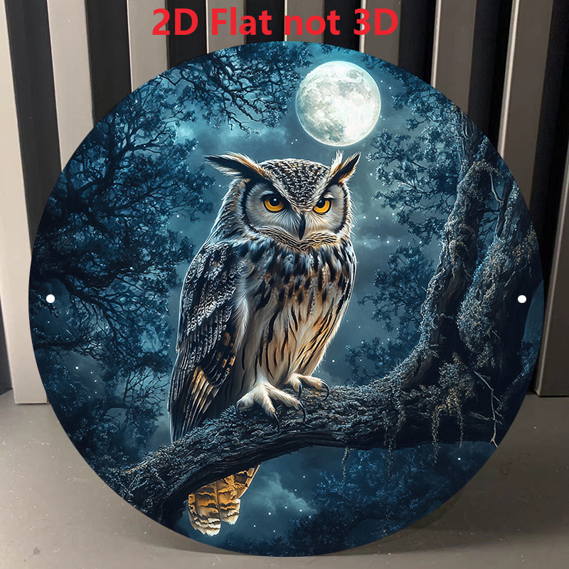 TEMU 2d Flat, [2d Flat] 1pc Owl On Tree Branch Round Aluminum Metal Sign, 20.32x20.32cm - Decorative Wall Art For Home & Garden, Night Scene With &