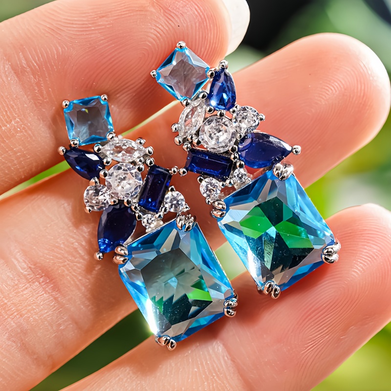 TEMU Orecchini pendenti con multi-taglio in zirconia blu per donna, ideali per , matrimoni, feste, vacanze, uso , eleganti, regalo di gioielleria