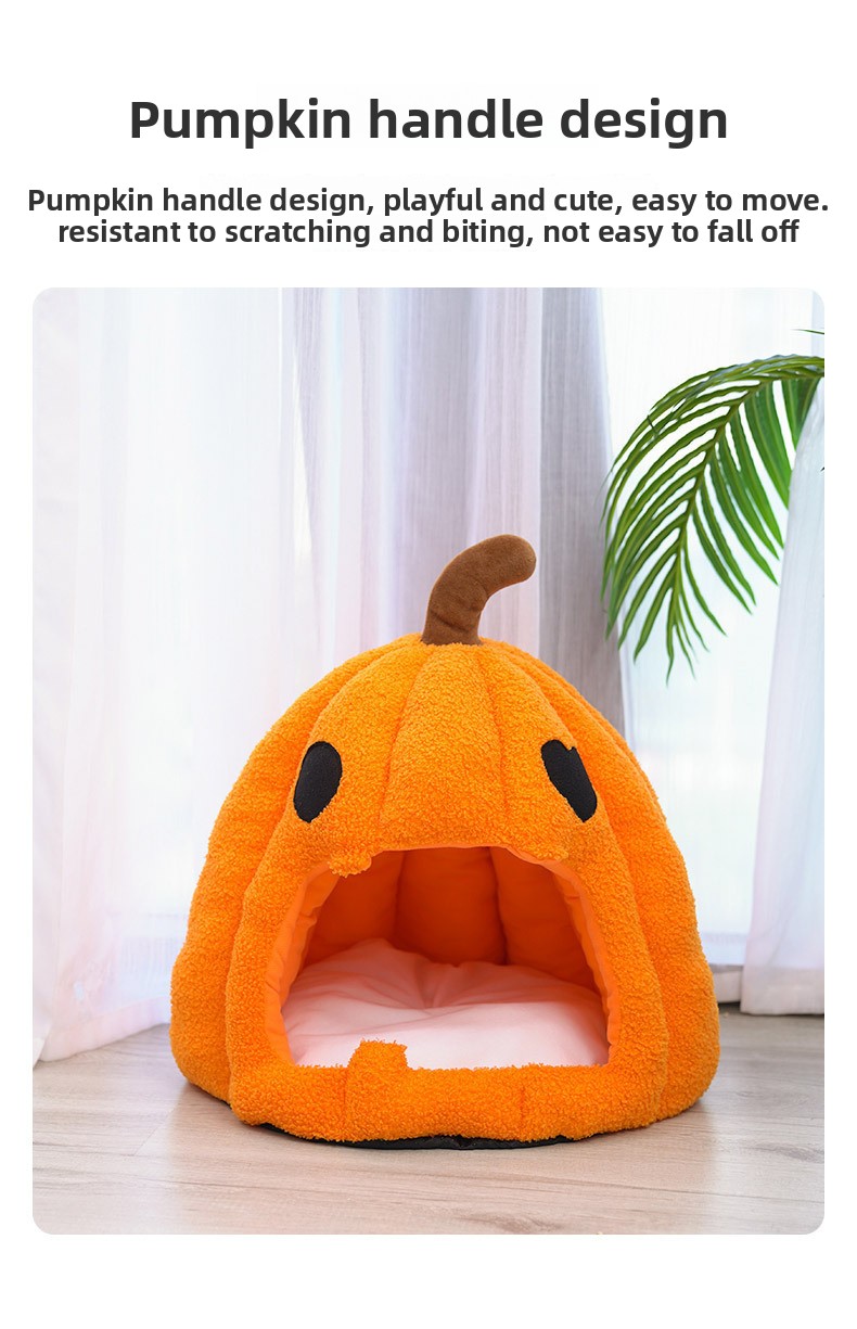 for halloween pumpkin pet nest orange plush soft fabric dome shaped enclosed pet bed with carved eyes and brown stem cozy hiding spot for small for halloween themed festive additions for indoor for halloween celebrati Product details 4