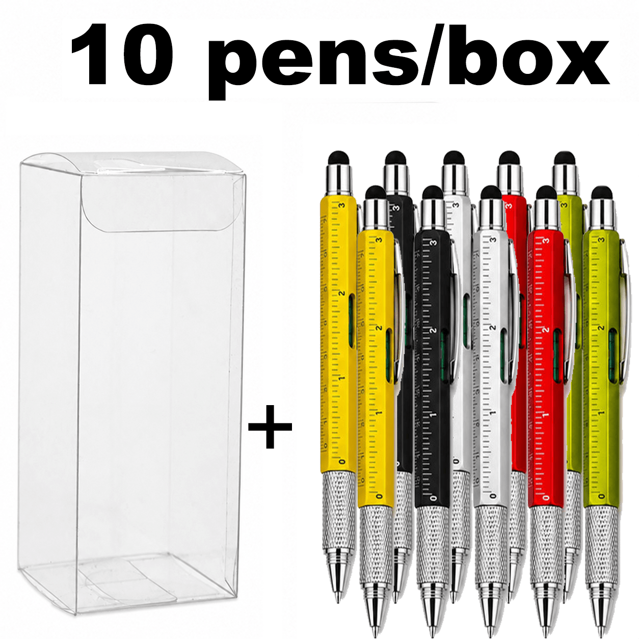 TEMU 10pcs/box Multifunctional Tool Pen 6-in-1 Ballpoint Pen Set, Including Ruler, Bubble Level, Screwdriver Head, Portable Metal Pen For Office And