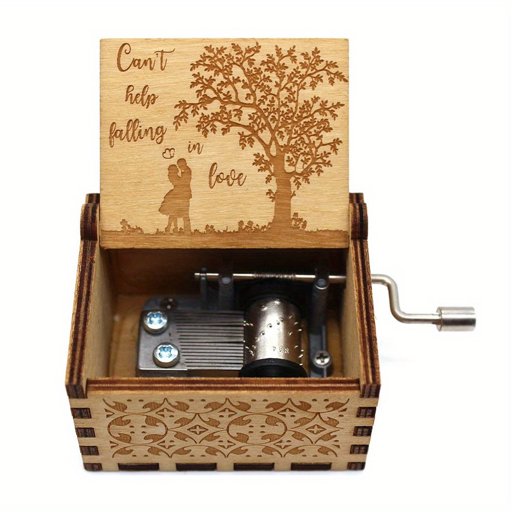 E-shop Holz-Spieluhr mit Handkurbel "Can' Falling ", bemalte geschnitzte Spieluhr, Valentinstags-Geständnisgeschenk für Paare