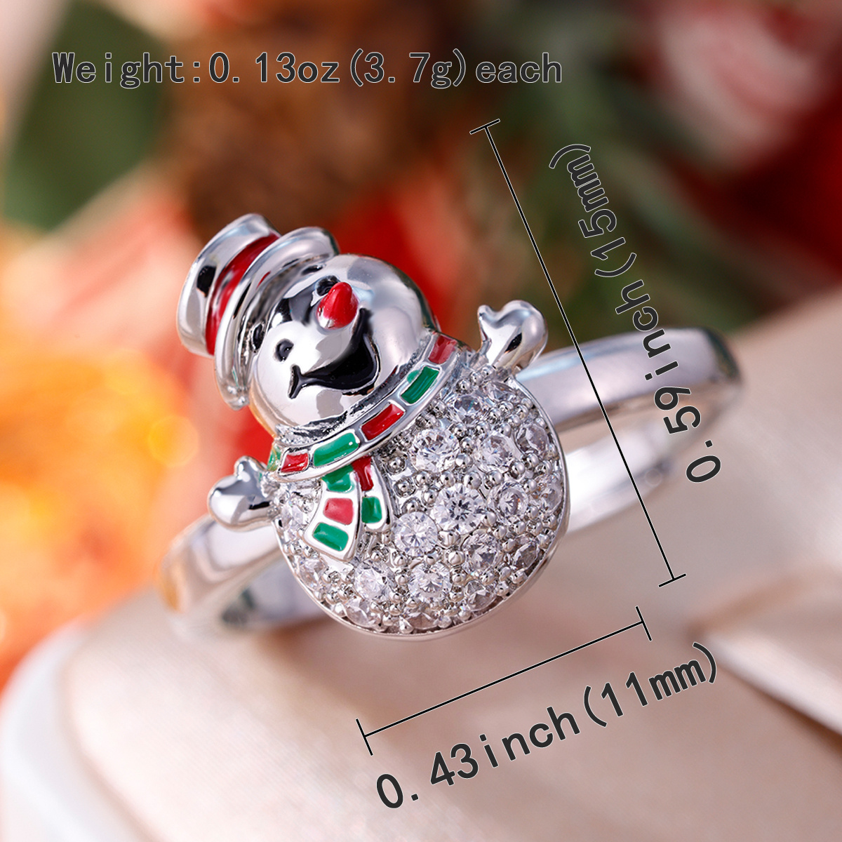 Christmas Snowman Enamel Rhinestone Open Ring, Holiday Gift