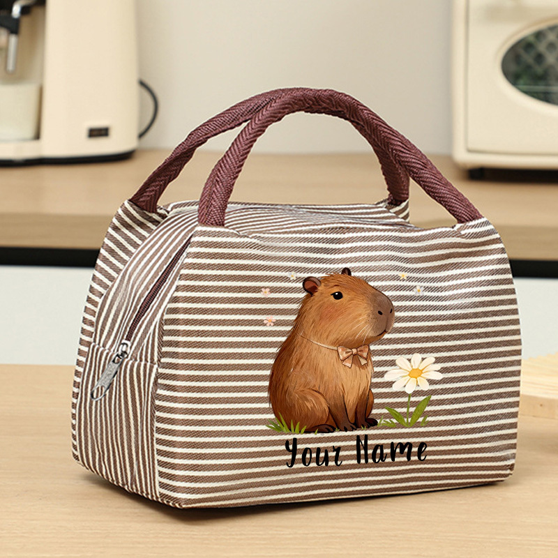 TEMU [ladies' Handbag] Cartoon Capybara Print | Striped Design | Personalized Name Customization | Portable Carry | Zipper Closure | Versatile For