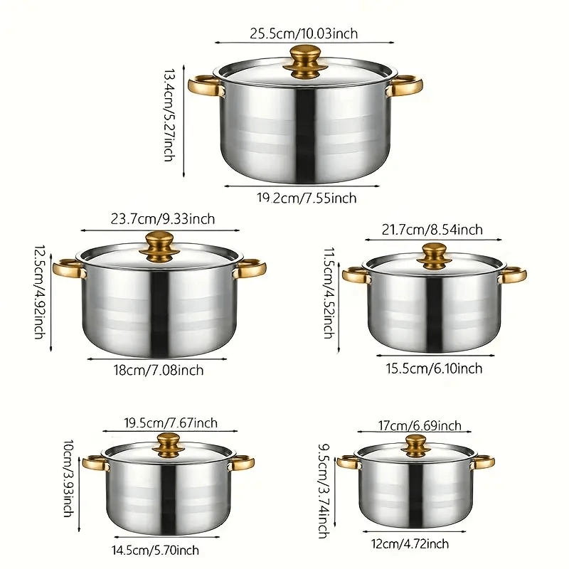 5pcs Stainless Steel Cookware Set With 5 Lids Double Handle Pots For Home Kitchen Or Restaurant Cooking