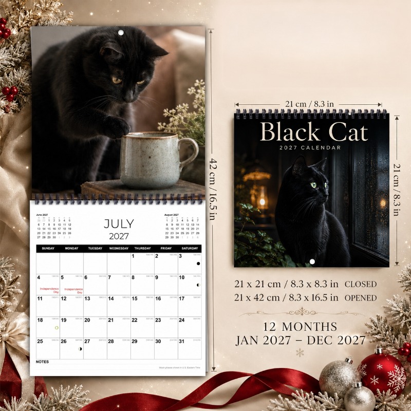 TEMU 2027 Wall Calendar, 1pc 2027 Black Cat Wall Calendar, 12-month Jan 2027 To Dec 2027 Spiral Bound Hanging Monthly Planner With Large Blocks,