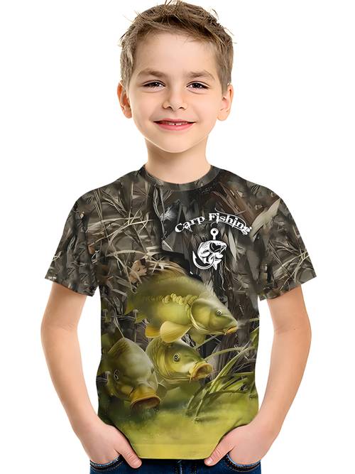 1 jongens zomer casual ronde hals t-shirt, 100% polyester gebreide stof, licht rekbaar, buiten vissen print, formele kleding voor jongeren