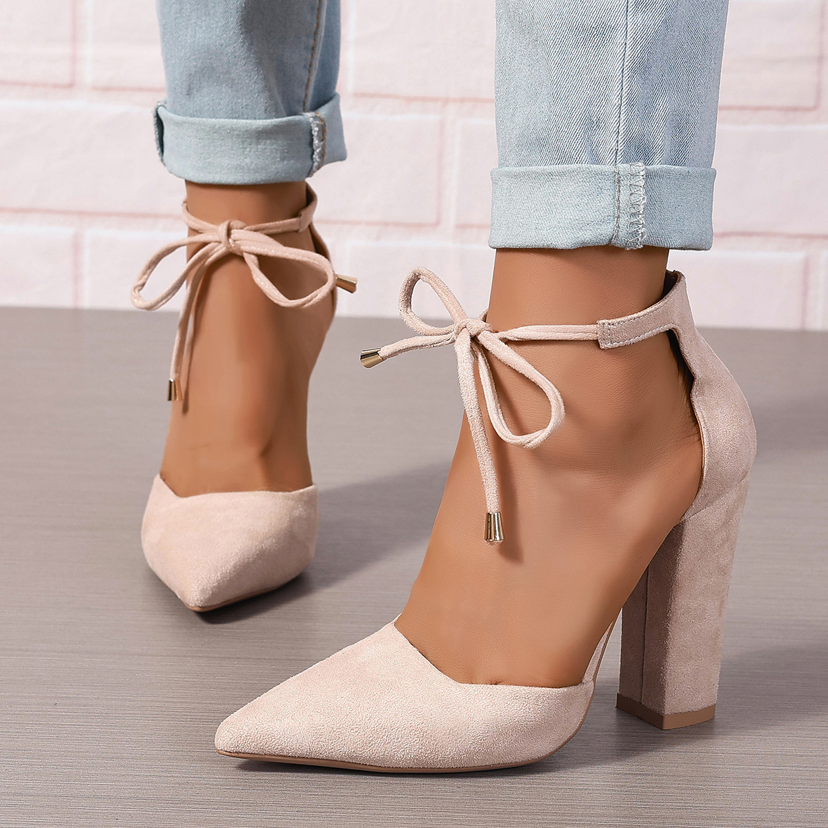 European And American Pointed-toe Hollow Thick-heeled High Heels, Elegant Ankle-tied Bow Shoes, And Versatile Women's Fashion Shoes Suitable For Commuting And Banquets, Women Shoes
