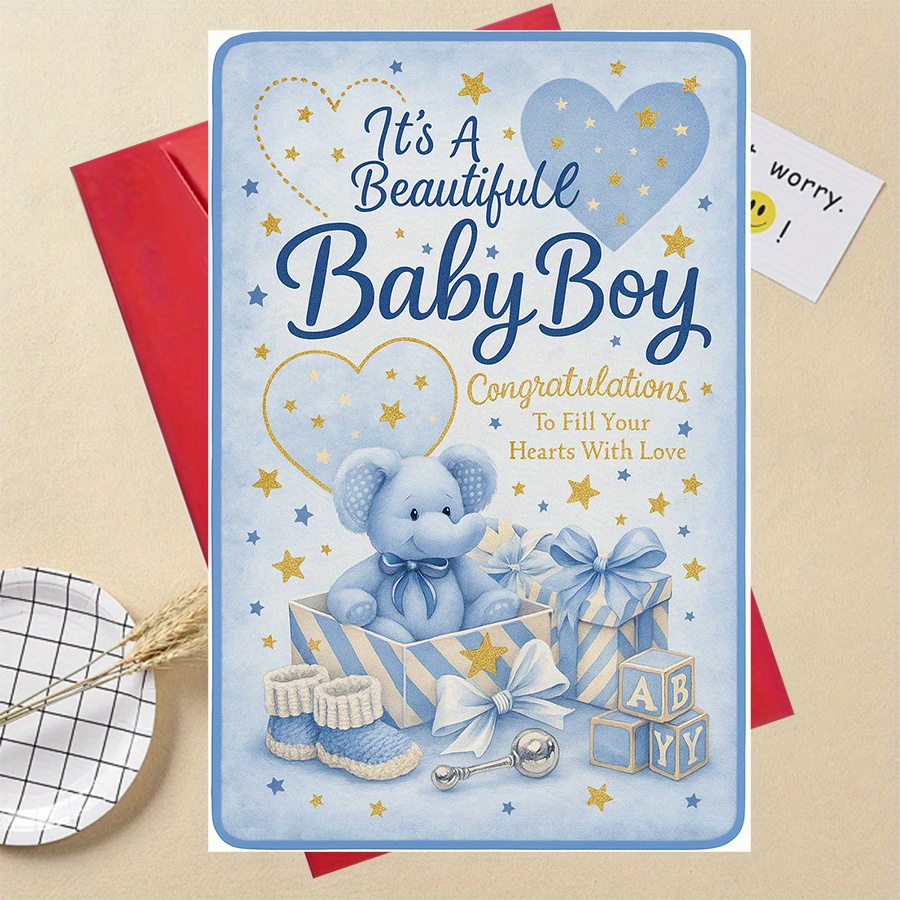 TEMU 1pc 1pcs Baby Boy Announcement Card Suitable For Newborn Birth Congratulations - Adorable Decor, Greeting Card With Envelope For New Parents,